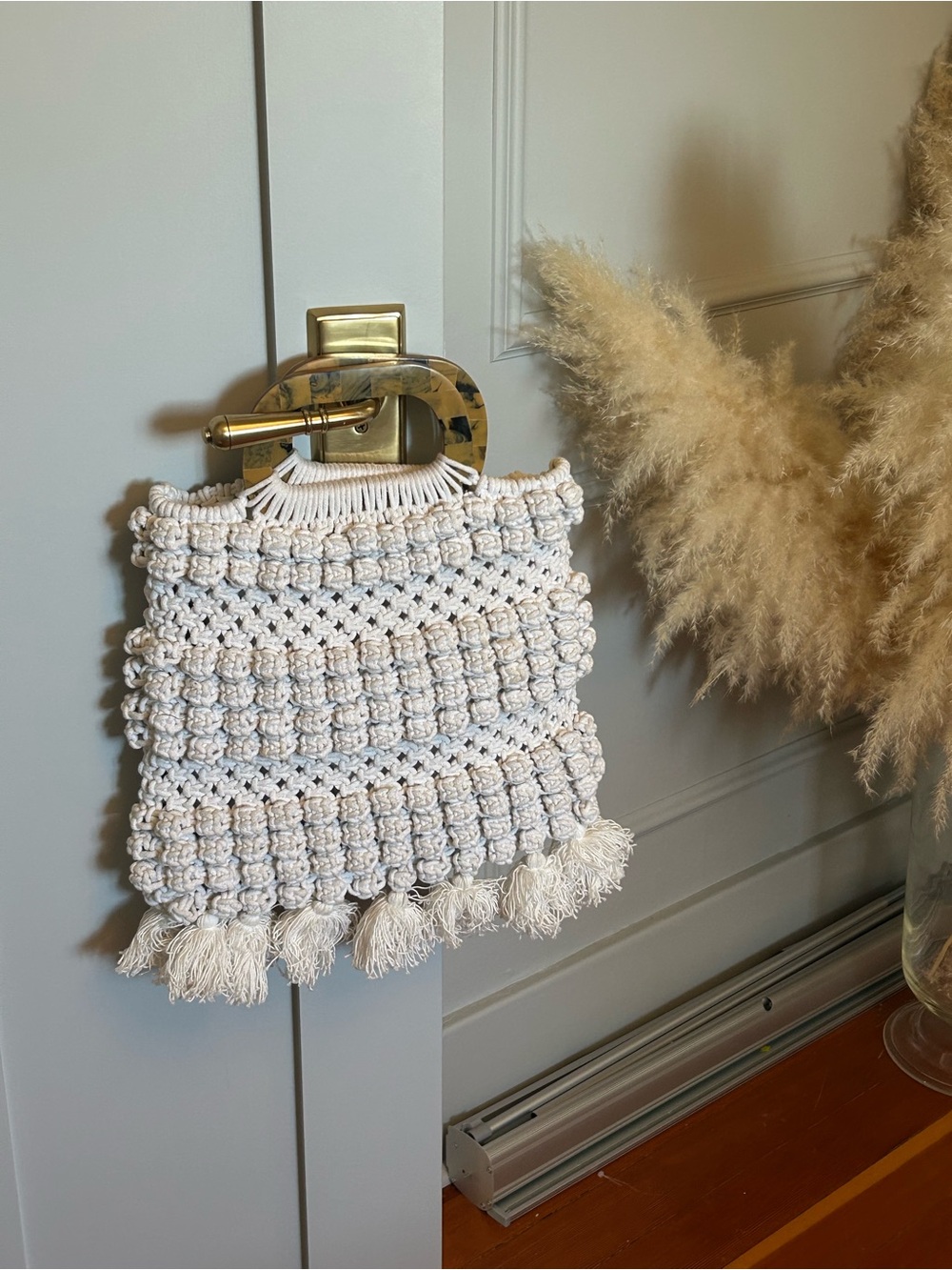 Cleobella Macrame Tote Bag Boho Woven Fringe Tortoise Handle Resort Chic